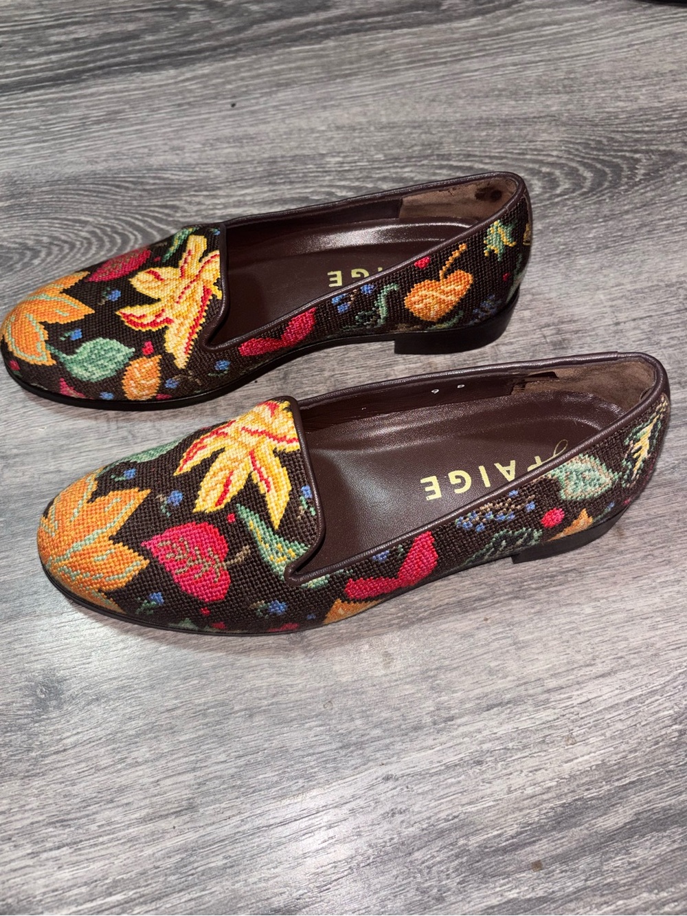 PAIGE Brown Floral Needlepoint Loafers with Yellow & Red Embroidery - Picture 4 of 5